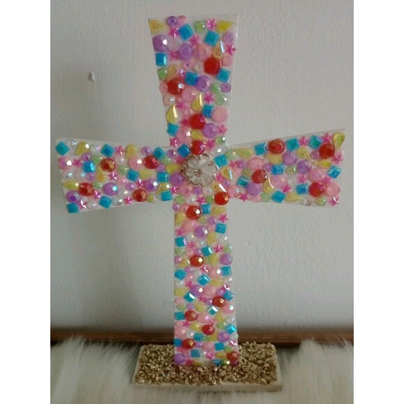 Handmade Colorful Jeweled Cross 9" X 6 1/2" Spiritual Religious Modern Gift New - Picture 1 of 5